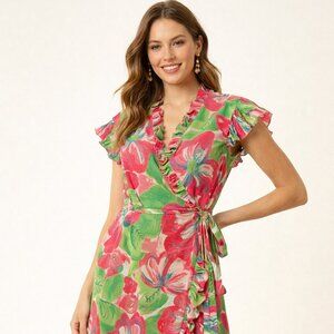Lilly Pulitzer floral wrap dress 10 Pink green ruffle resort